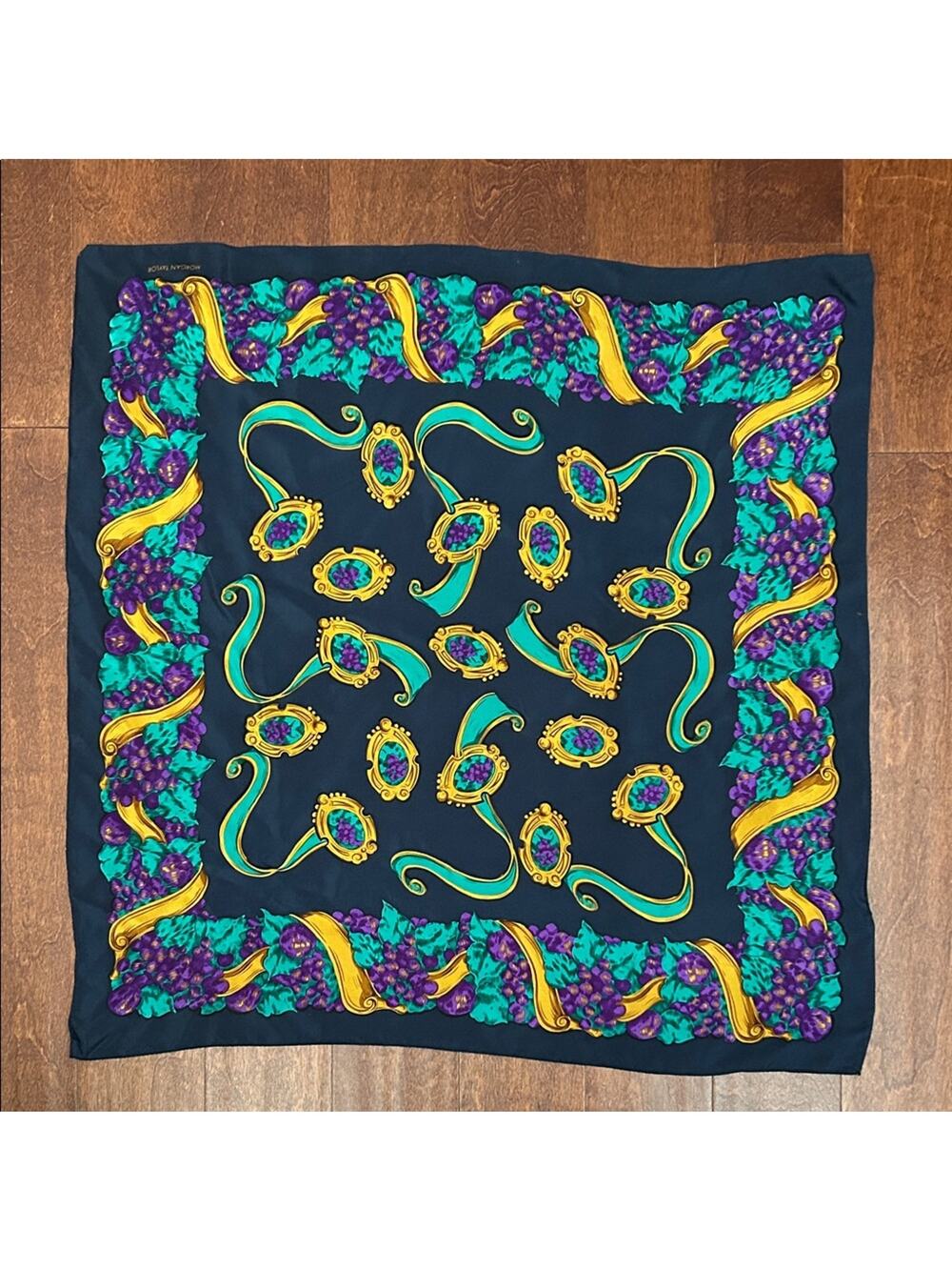 Vintage Morgan Taylor Silky Scarf with Navy, Teal, Gold & Purple Fruit Motif